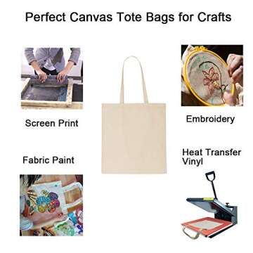 FunisFun 12 Pack Blank Canvas Tote Bags Bulk Reusable Shopping Grocery Bag for Crafts with a PTFE Te...