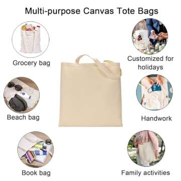 FunisFun 12 Pack Blank Canvas Tote Bags Bulk Reusable Shopping Grocery Bag for Crafts with a PTFE Teflon Sheet DIY