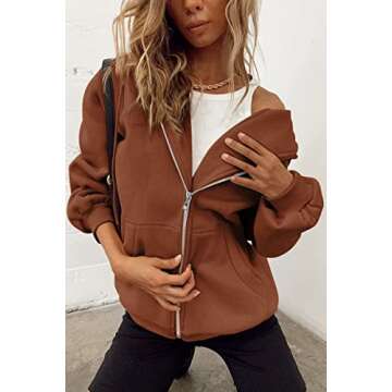 EFAN Women Zip Up Hoodies Oversized Sweatshirt Jacket 2024 Fall Fleece Cute Pullover Hooded Tops Teen Girls Casual Loose Fit Y2k Trendy Fashion Gym Clothes Outfits Brown S