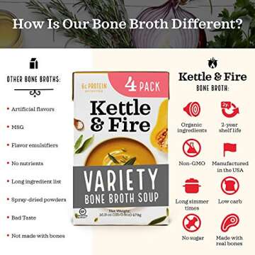 Kettle and Fire Tomato, Miso, Butternut Squash and Thai Curry Bone Broth Soup Variety Pack, Gluten Free, High in Protein and Collagen, 4 Pack