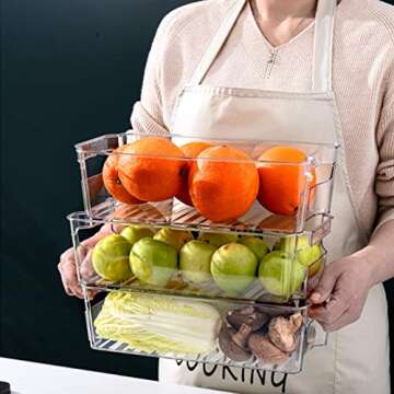 Set of 6 Stackable Refrigerator Organizer Bins-Clear Plastic Storage Bins Kitchen Fridge Organizer Bins Set with Handles for Freezer, Countertops, Cabinets, BPA Free