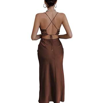 LYANER Women's Satin Straps Slip Cowl Neck Cocktail Midi Dress Dark Brown Small