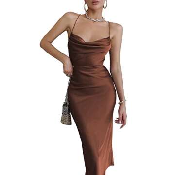 LYANER Women's Satin Straps Slip Cowl Neck Cocktail Midi Dress Dark Brown Small