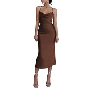 LYANER Women's Satin Straps Slip Cowl Neck Cocktail Midi Dress Dark Brown Small