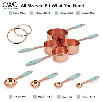COOK WITH COLOR Measuring Cups Set and Measuring Spoon Set, Stainless Steel Handles, Nesting Kitchen Measuring Set, Liquid Measuring Cup Set, 8 PC Copper, Mint