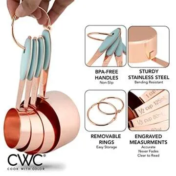 COOK WITH COLOR Measuring Cups Set and Measuring Spoon Set, Stainless Steel Handles, Nesting Kitchen Measuring Set, Liquid Measuring Cup Set, 8 PC Copper, Mint