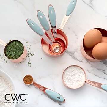 COOK WITH COLOR Measuring Cups Set and Measuring Spoon Set, Stainless Steel Handles, Nesting Kitchen Measuring Set, Liquid Measuring Cup Set, 8 PC Copper, Mint