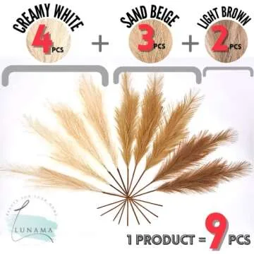 LUNAMA Artificial Faux Pampas Grass Branches-9 Pcs of 33inchTall Stems in 3 Natural Colours-Home Decor,Wedding Decor-Small Fluffy Fake Reed for Table& Floor Vase Bouquets Creamy White, Beige, Brown