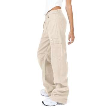 Darong Women's Cargo Pants 6 Pockets Wide Leg Casual Pants Trouser Y2K Pants 9041 Beige M