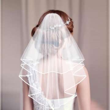 Echodo Bridal Wedding Veil White Double Ribbon Edge Center Cascade Bridal Veil with Comb Wedding Acc...