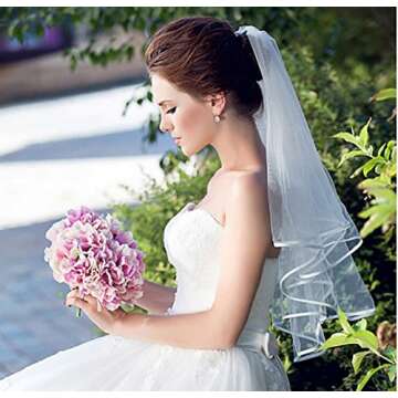 Echodo Bridal Wedding Veil White Double Ribbon Edge Center Cascade Bridal Veil with Comb Wedding Accessories