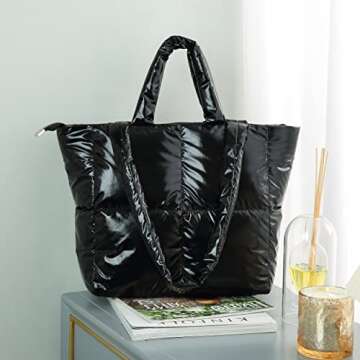 Plusfeel Puffer Bag Padded Puffy Tote Bag, Fluffy Lattice Handbags for Women, Quilted Puffer Tote Bag Shoulder Bag Puffer Luxury Bags for Travel, Work Daily, Gym - Black