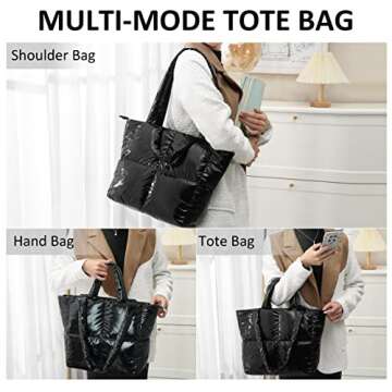 Plusfeel Puffer Bag Padded Puffy Tote Bag, Fluffy Lattice Handbags for Women, Quilted Puffer Tote Bag Shoulder Bag Puffer Luxury Bags for Travel, Work Daily, Gym - Black