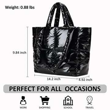 Plusfeel Puffer Bag Padded Puffy Tote Bag, Fluffy Lattice Handbags for Women, Quilted Puffer Tote Bag Shoulder Bag Puffer Luxury Bags for Travel, Work Daily, Gym - Black