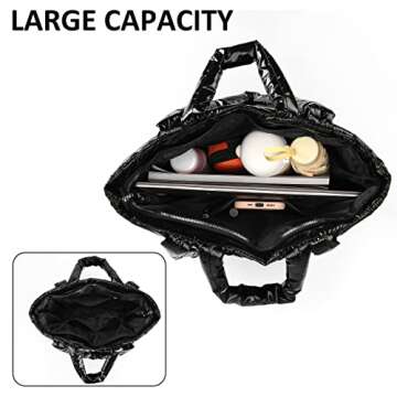 Plusfeel Puffer Bag Padded Puffy Tote Bag, Fluffy Lattice Handbags for Women, Quilted Puffer Tote Bag Shoulder Bag Puffer Luxury Bags for Travel, Work Daily, Gym - Black