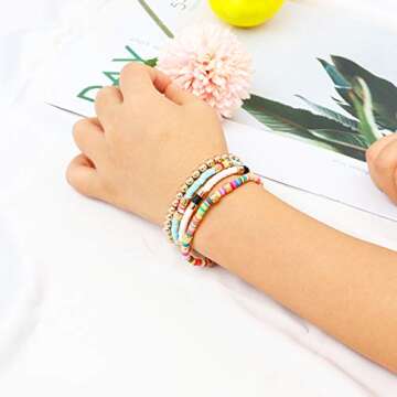 Colorful Beaded Bracelets for Women Heishi Bracelet Gold Bead Bohemian Stackable Stretch Strand Bracelet (Assorted)