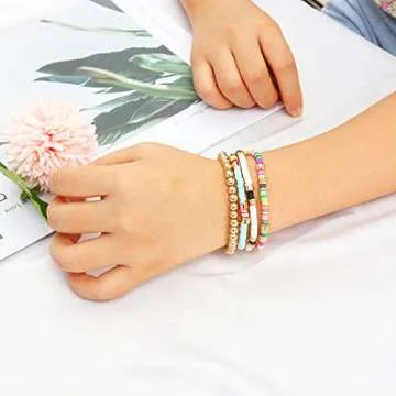Colorful Beaded Bracelets for Women Heishi Bracelet Gold Bead Bohemian Stackable Stretch Strand Bracelet (Assorted)