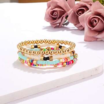 Colorful Beaded Bracelets for Women Heishi Bracelet Gold Bead Bohemian Stackable Stretch Strand Bracelet (Assorted)