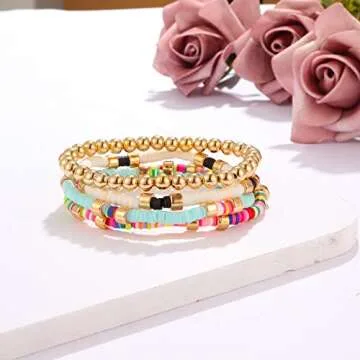 Colorful Beaded Bracelets for Women Heishi Bracelet Gold Bead Bohemian Stackable Stretch Strand Bracelet (Assorted)