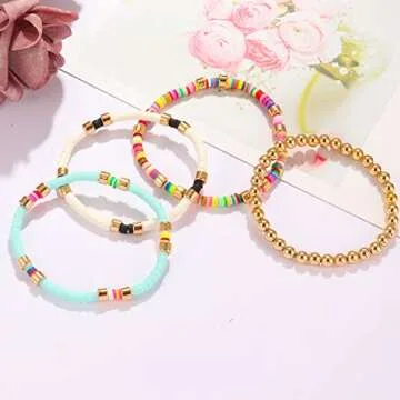 Colorful Beaded Bracelets for Women Heishi Bracelet Gold Bead Bohemian Stackable Stretch Strand Bracelet (Assorted)