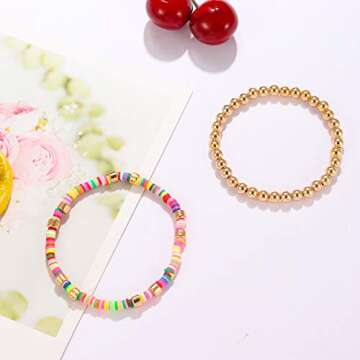 Colorful Beaded Bracelets for Women Heishi Bracelet Gold Bead Bohemian Stackable Stretch Strand Bracelet (Assorted)