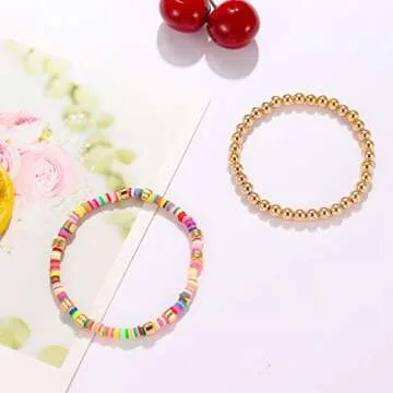 Colorful Beaded Bracelets for Women Heishi Bracelet Gold Bead Bohemian Stackable Stretch Strand Bracelet (Assorted)