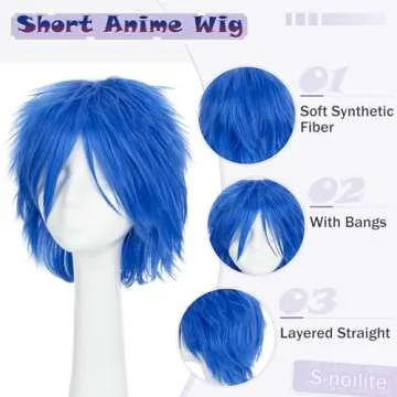 S-noilite Women Mens Male Short Fluffy Straight Hair Wigs Anime Cosplay Party Costume Dress Synthetic Spiky Wig (Dark Blue)