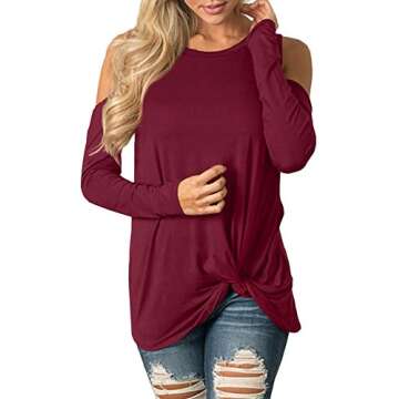 For G and PL Womens Plain Cold Shoulder Long Sleeve Blouse Casual Knot Twist Front Shirts Maroon M