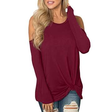 For G and PL Womens Plain Cold Shoulder Long Sleeve Blouse Casual Knot Twist Front Shirts Maroon M