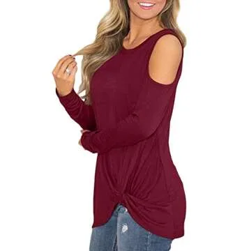 For G and PL Womens Plain Cold Shoulder Long Sleeve Blouse Casual Knot Twist Front Shirts Maroon M