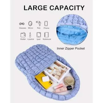 Rejolly Puffer Quilted Shoulder Bag for Women Puffy Bubble Tote Bag Lightweight Nylon Handbag Padded Soft Purse Light Blue