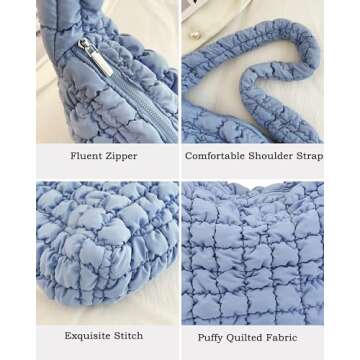 Rejolly Puffer Quilted Shoulder Bag for Women Puffy Bubble Tote Bag Lightweight Nylon Handbag Padded Soft Purse Light Blue