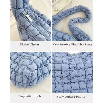 Rejolly Puffer Quilted Shoulder Bag for Women Puffy Bubble Tote Bag Lightweight Nylon Handbag Padded Soft Purse Light Blue
