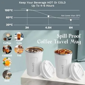 YINBAOGE Insulated Travel Coffee Mug Spill Proof Leak Proof Pobtable To Go Camping Stainless Steel Coffee Tumbler Reusable Coffee Cups with Lids Thermos for Hot and Cold Drink (2nd-White, 12 OZ)