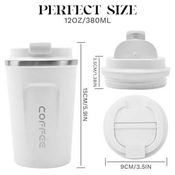 YINBAOGE Insulated Travel Coffee Mug Spill Proof Leak Proof Pobtable To Go Camping Stainless Steel Coffee Tumbler Reusable Coffee Cups with Lids Thermos for Hot and Cold Drink (2nd-White, 12 OZ)