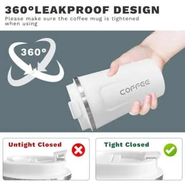 YINBAOGE Insulated Travel Coffee Mug Spill Proof Leak Proof Pobtable To Go Camping Stainless Steel Coffee Tumbler Reusable Coffee Cups with Lids Thermos for Hot and Cold Drink (2nd-White, 12 OZ)