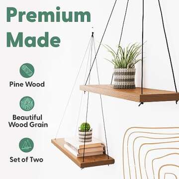 OMYSA Hanging Shelves for Wall - Set of 2 Boho Shelf Decor - Macrame Hanging Shelf for Plants - Floating, Rope Bookshelves - Small Wood Shelving for Bedroom, Bathroom, Living Room - Brown
