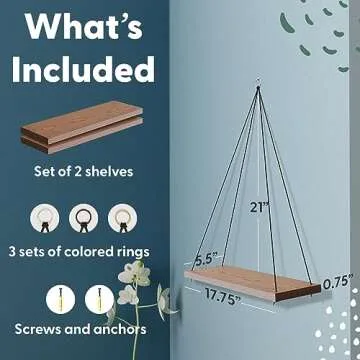 OMYSA Hanging Shelves for Wall - Set of 2 Boho Shelf Decor - Macrame Hanging Shelf for Plants - Floating, Rope Bookshelves - Small Wood Shelving for Bedroom, Bathroom, Living Room - Brown