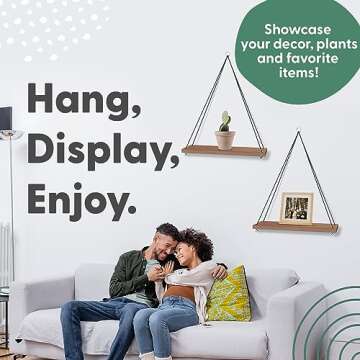 OMYSA Hanging Shelves for Wall - Set of 2 Boho Shelf Decor - Macrame Hanging Shelf for Plants - Floating, Rope Bookshelves - Small Wood Shelving for Bedroom, Bathroom, Living Room - Brown