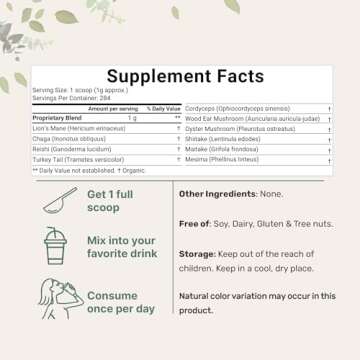 Micro Ingredients Organic Mega Mushroom 10 in 1 Complex Formula Powder for Immune System Booster, 10 Ounce (284 Days Supply), Chaga, Lions Mane, Cordyceps, Reishi & More, Filler Free, Vegan