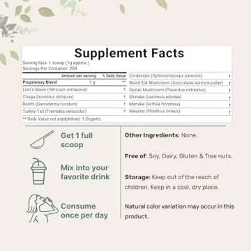 Micro Ingredients Organic Mega Mushroom 10 in 1 Complex Formula Powder for Immune System Booster, 10 Ounce (284 Days Supply), Chaga, Lions Mane, Cordyceps, Reishi & More, Filler Free, Vegan