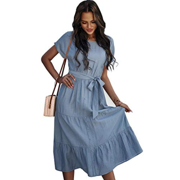 Elegant Blue Ruffle Midi Dress with Belt - Perfect Summer Casual Wear