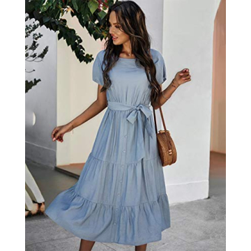 Blue Ruffle Midi Dress with Belt Summer Casual Wear
