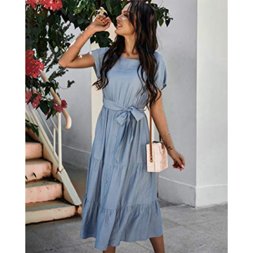 Blue Ruffle Midi Dress with Belt Summer Casual Wear