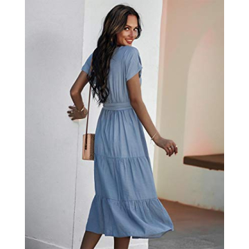 Blue Ruffle Midi Dress with Belt Summer Casual Wear