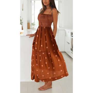 Womens Boho Long Summer Dresses Casual Beach Vacation Sun Dress Spaghetti Strap Flowy Embroidered Fl...