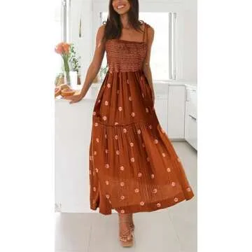 Womens Boho Long Summer Dresses Casual Beach Vacation Sun Dress Spaghetti Strap Flowy Embroidered Floral Maxi Dress Burnt Orange