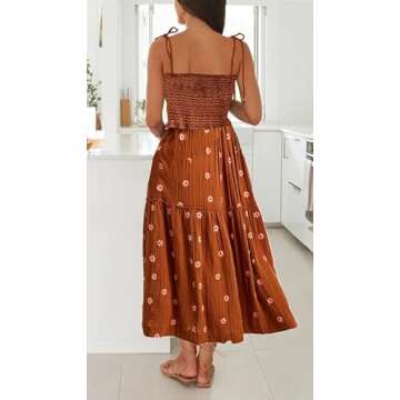 Womens Boho Long Summer Dresses Casual Beach Vacation Sun Dress Spaghetti Strap Flowy Embroidered Floral Maxi Dress Burnt Orange