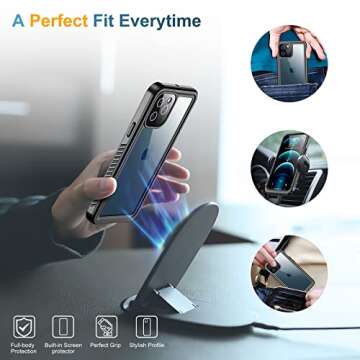 Temdan Case with Built-in Screen Protector Full Body Rugged Heavy Duty Shockproof Dustproof IP68 Waterproof Phone Case for iPhone 12 Pro Max 6.7 inch (Black)