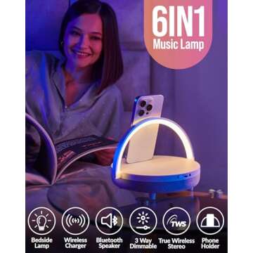 BELMAK Bedside Lamp with Wireless Charger, Phone Charging Lamps for Bedroom, Speaker Lamp Bluetooth Wireless, 6 in 1 Touch Bedside Lamp, Unique Gifts for Women, Dad, Mom, Men Birthday Gift Ideas